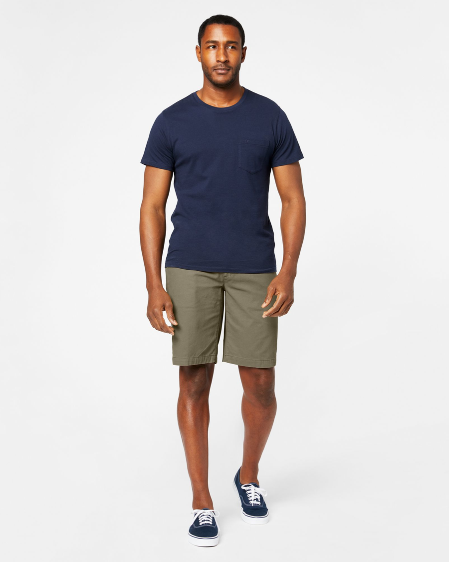 Front view of model wearing Earth Moss Perfect 10.5" Shorts.