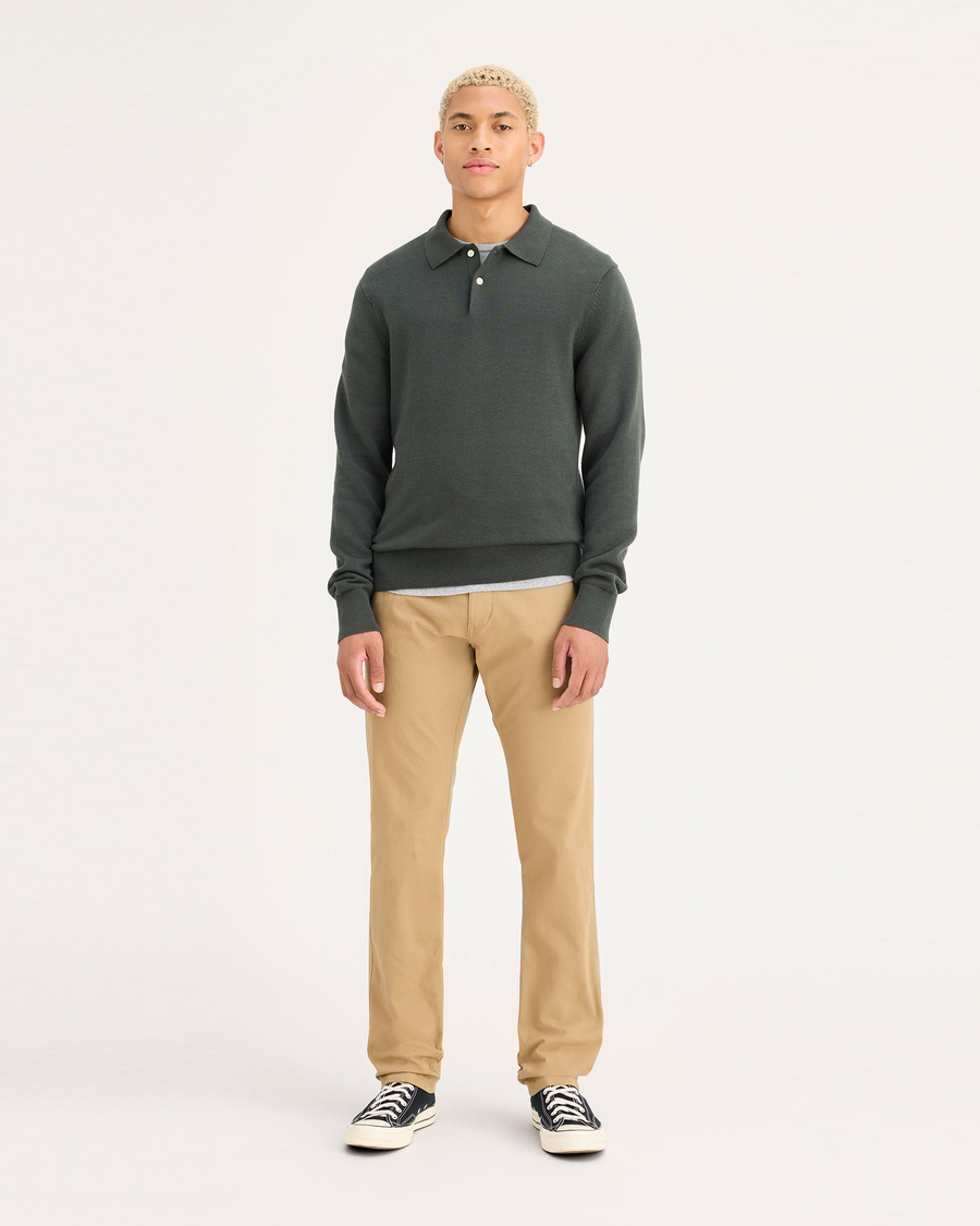 Front view of model wearing New British Khaki Ultimate Chinos, Athletic Fit.