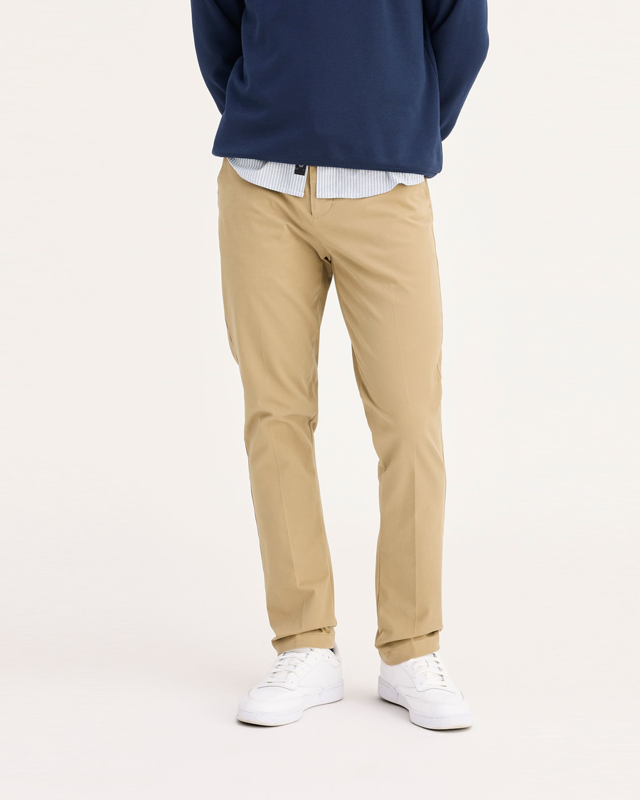 Front view of model wearing New British Khaki Workday Khakis, Slim Fit.
