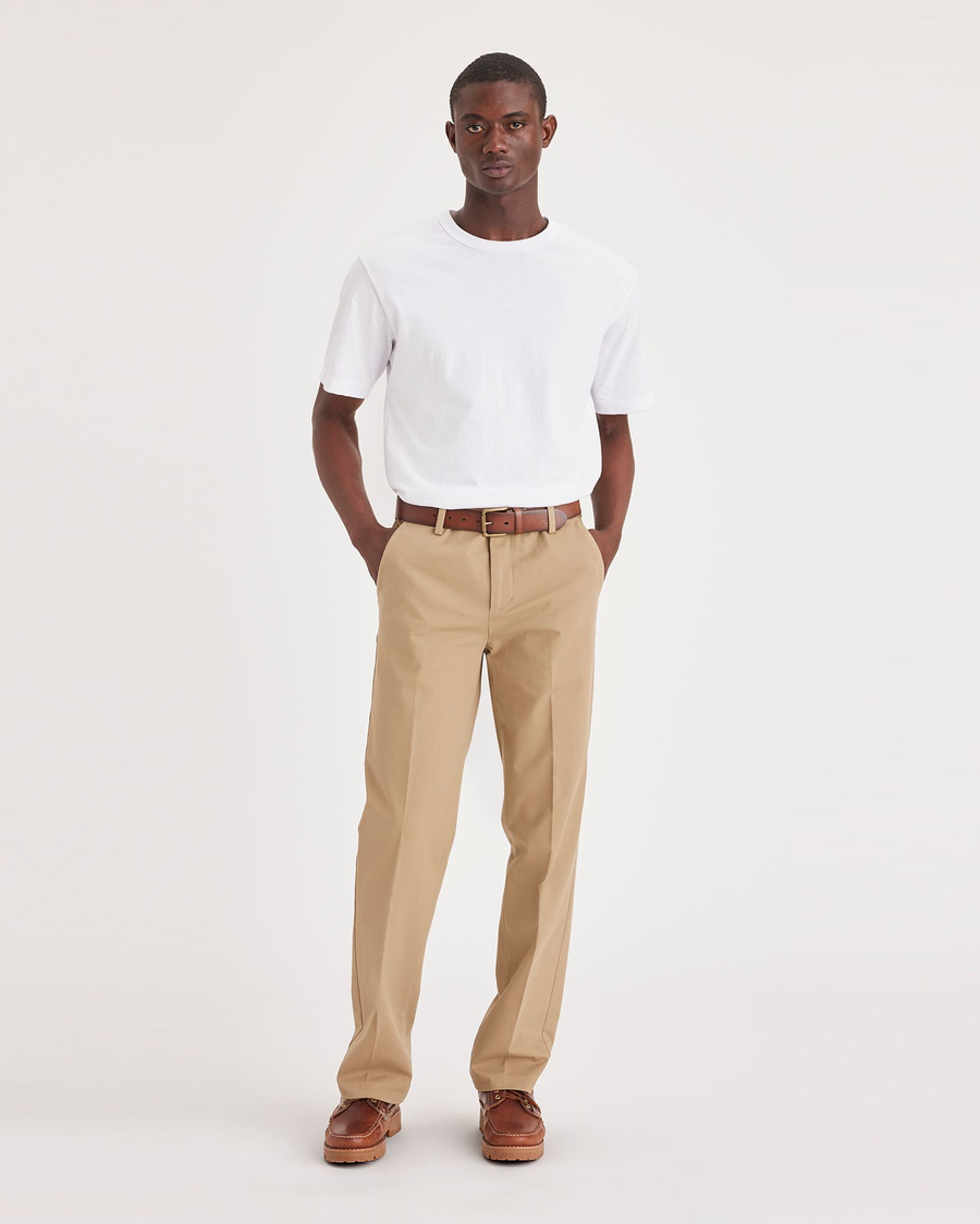 Front view of model wearing New British Khaki Workday Khakis, Straight Fit.
