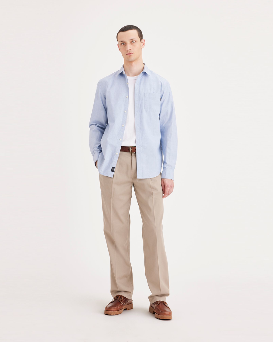 Front view of model wearing Timber Wolf Easy Khakis, Pleated, Classic Fit.